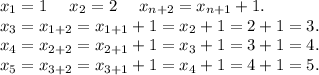x_1=1\ \ \ \ x_2=2\ \ \ \ x_{n+2}=x_{n+1}+1.\\
x_3=x_{1+2}=x_{1+1}+1=x_2+1=2+1=3.\\
x_4=x_{2+2}=x_{2+1}+1=x_3+1=3+1=4.\\
x_5=x_{3+2}=x_{3+1}+1=x_4+1=4+1=5.