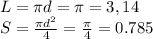 L=\pi d=\pi=3,14\\
S=\frac{\pi d^2}{4}=\frac{\pi}{4}=0.785