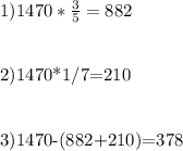 1) 1470*\frac{3}{5} =882
 
2)1470*1/7=210\\
\\
\\
3)1470-(882+210)=378