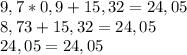 9,7*0,9+15,32=24,05\\
8,73+15,32=24,05\\
24,05=24,05