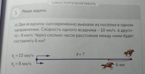 САМОСТОЯТЕЛЬНАЯ РАБОТА 5 Реши задачу УРАВНЕНИЕМ - а) Два всадника одновременно выехали из посёлка в