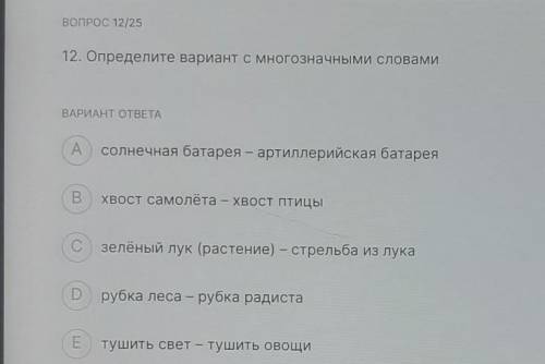 ВОПРОС 12/25 12. Определите вариант с многозначными словамиВАРИАНТ ОТВЕТАAсолнечная батарея - артилл