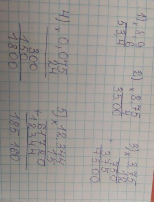 Решите примеры в столбик. 1)8,9×6 2)8,75×4 3)3,75×12 4)0,075×24 5)12,344×15 6)137,6×36 7)6,705×312 8