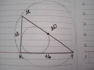 MKP - прямоугольный, K = 90, KM = 12, KP = 16. Найдите радиусы описанной и вписанной окружностей ( О