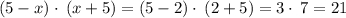 (5-x)\cdot \:(x+5)=( 5 - 2)\cdot \:(2+5)= 3 \cdot \:7 = 21